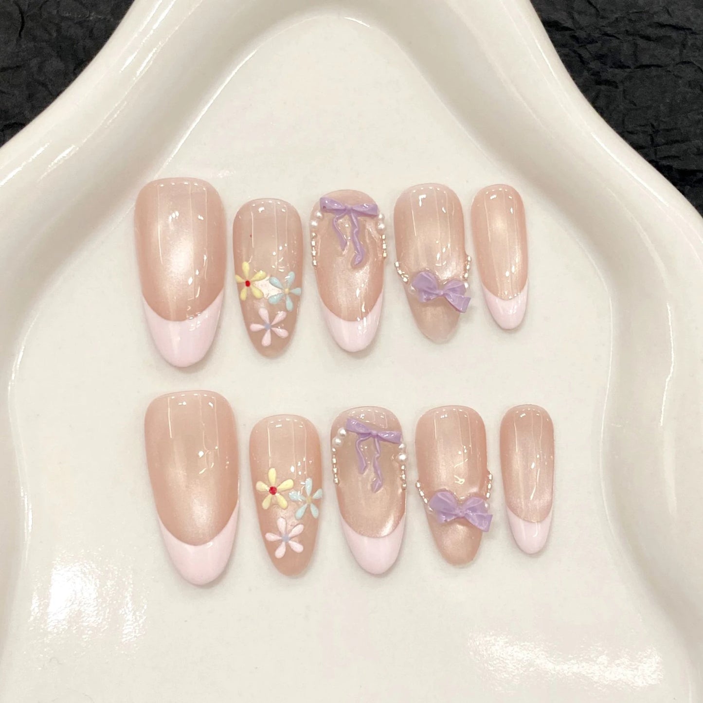 10pcs Handmade Press on Nails French Cat Eye Pink Bow Decor Korean False Nails Wearable Full Cover Ins Almond False Nail Tips Peaceful Pleasures Health and Wellness XS