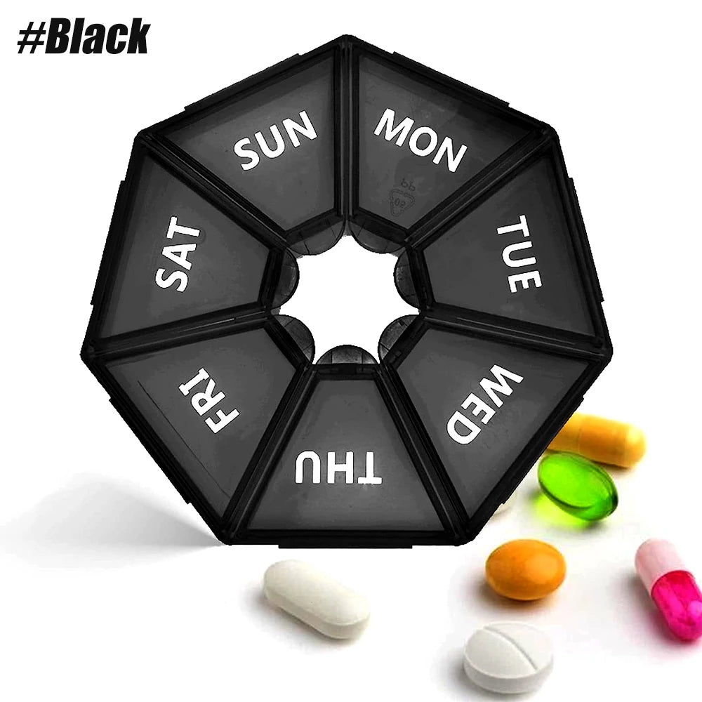 1PC Weekly Pill Organizer,Portable Travel Pill Box Dispenser Medicine Case,New Edition for Vitamin Fish Oil -Arthritis Friendly Peaceful Pleasures Health and Wellness Black