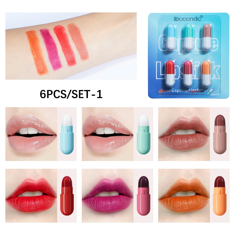 6pcs/set Mini Cute Capsule Lipstick Set with Lip Balm Moisturizing Waterproof Non-stick Cup Carry Pill Lipstick Lips Makeup Gift Peaceful Pleasures Health and Wellness set 1