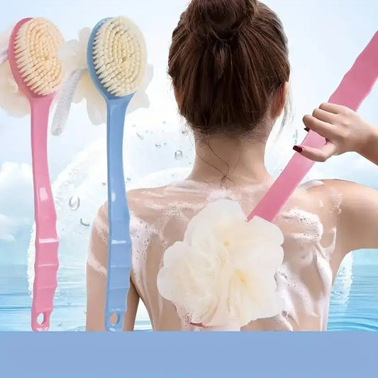 Long Handle Bath Brush – Loofah & Bristles Body Scrubber Bath Body Brush Peaceful Pleasures Health and Wellness