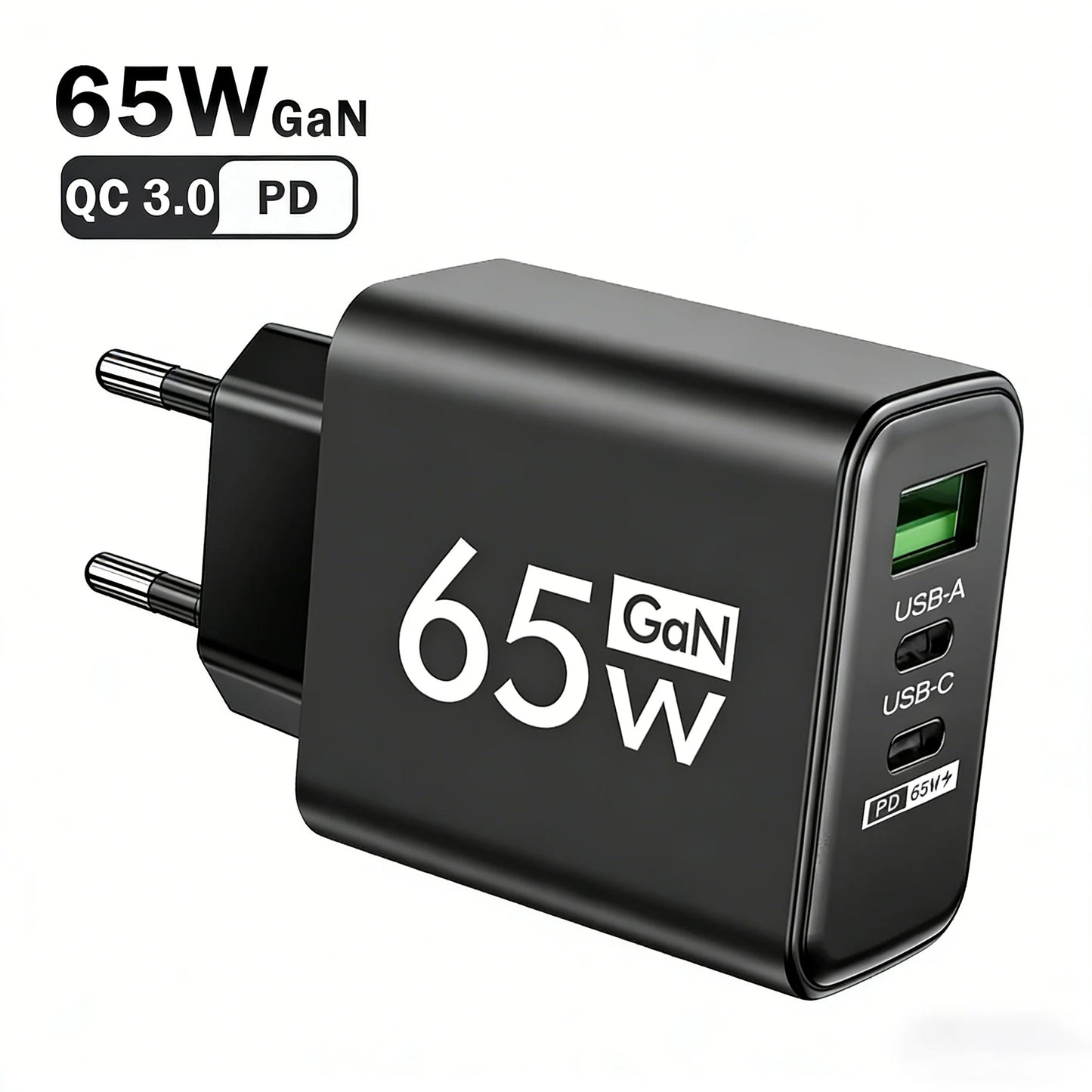 65W 3-Port GaN Charger USB-C PD3.0 QC3.0 Fast Wall Adapter