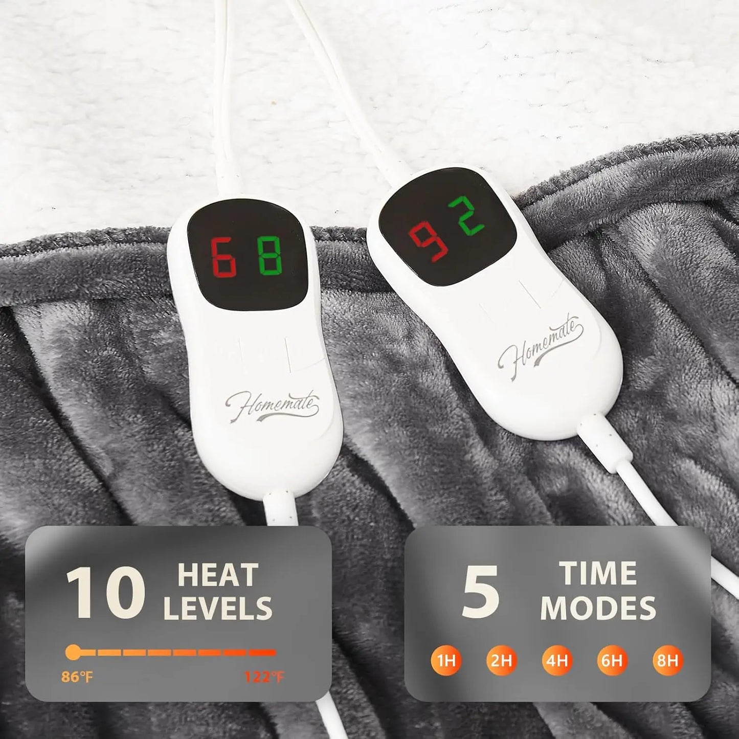 Two electric heating pads with digital displays on a gray blanket.