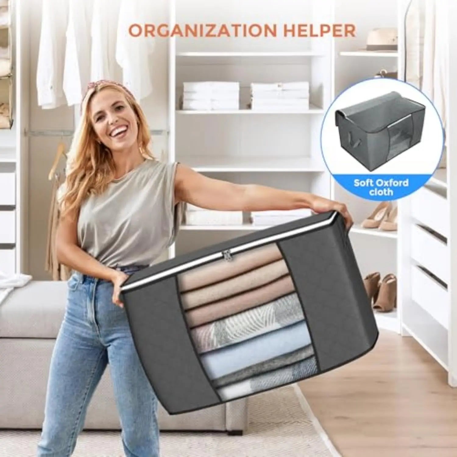 90L Foldable Storage Bags 6-Pack – Reinforced Handle for Clothes & Blankets, Gray Storage Bag Peaceful Pleasures Health and Wellness