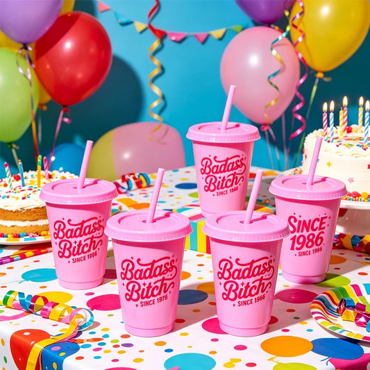 Pink Retro 16oz Birthday Cup with Straw | 30th–60th Party Party Birthday Cup Peaceful Pleasures Health and Wellness