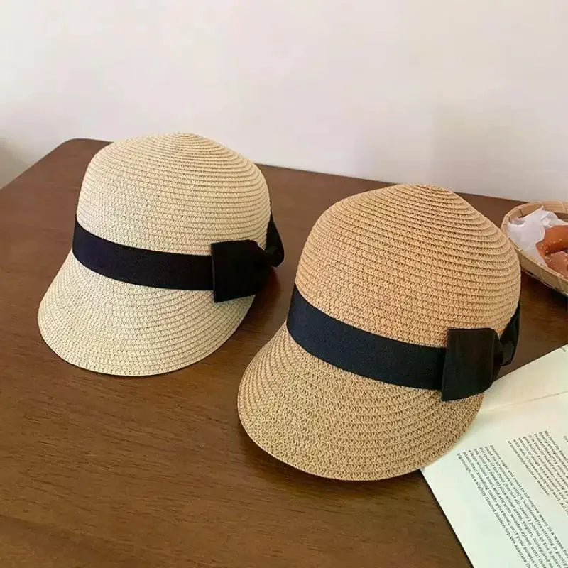 Women's Vintage Straw Sun Hat – French Flat Top Bow Beach Cap