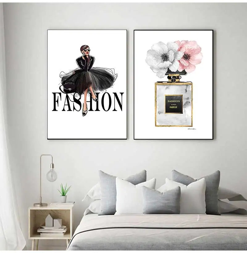 Nordic Canvas Wall Art – Black Dress & Perfume Flower Print Canvas Wall Art Print Peaceful Pleasures Health and Wellness