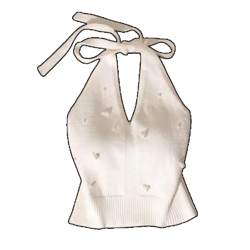Pearl Beaded Halter Crop Top | Spaghetti Strap Cami for Women