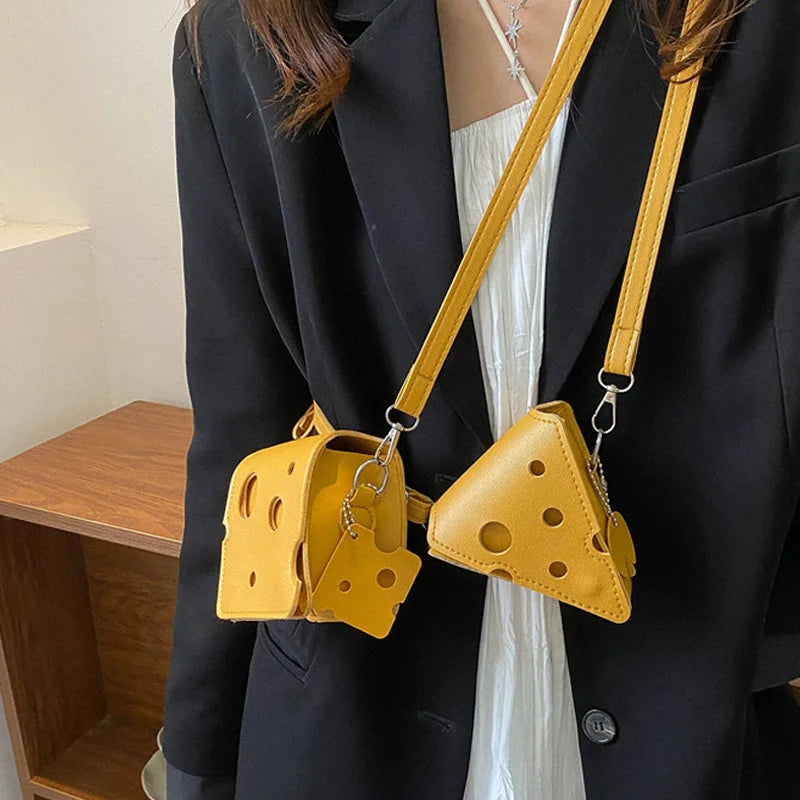 New Fashionable Mini Perforated Cheese Shaped Triangle Crossbody Coin Purse Small Square Bag for Lipstick and Earphones Cute Bag Peaceful Pleasures Health and Wellness