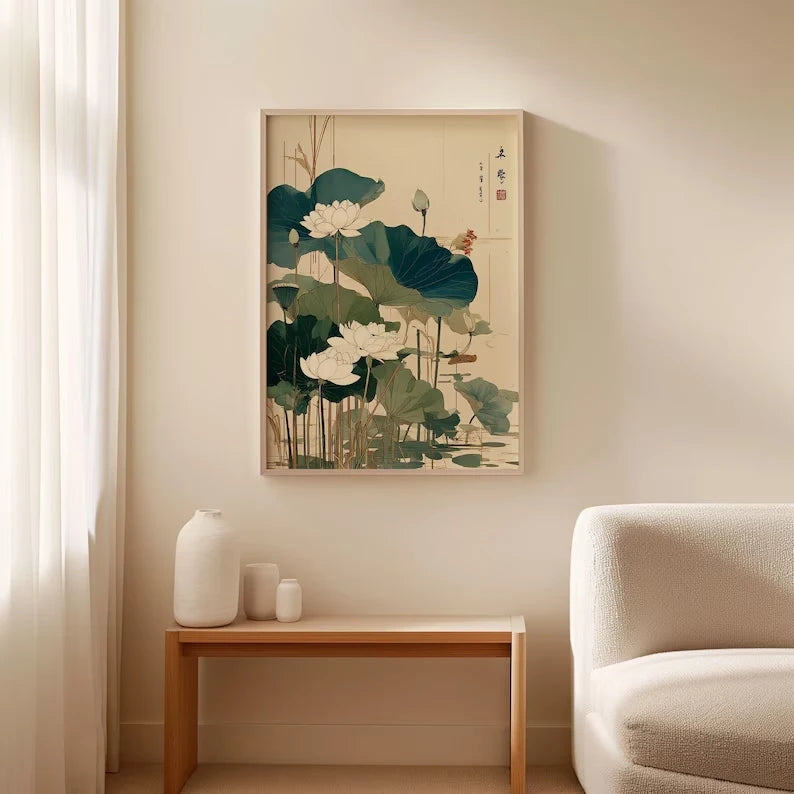 Retro Japanese Lotus Flower Canvas Wall Art Print | Home Decor