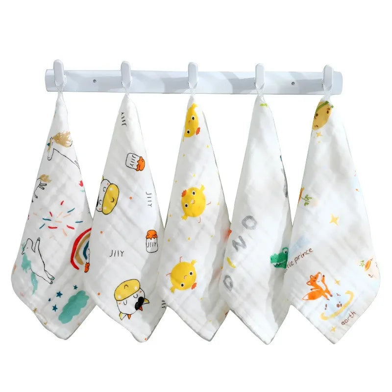 5-Pack Baby Cotton Gauze Washcloths | Soft Cartoon Handkerchiefs