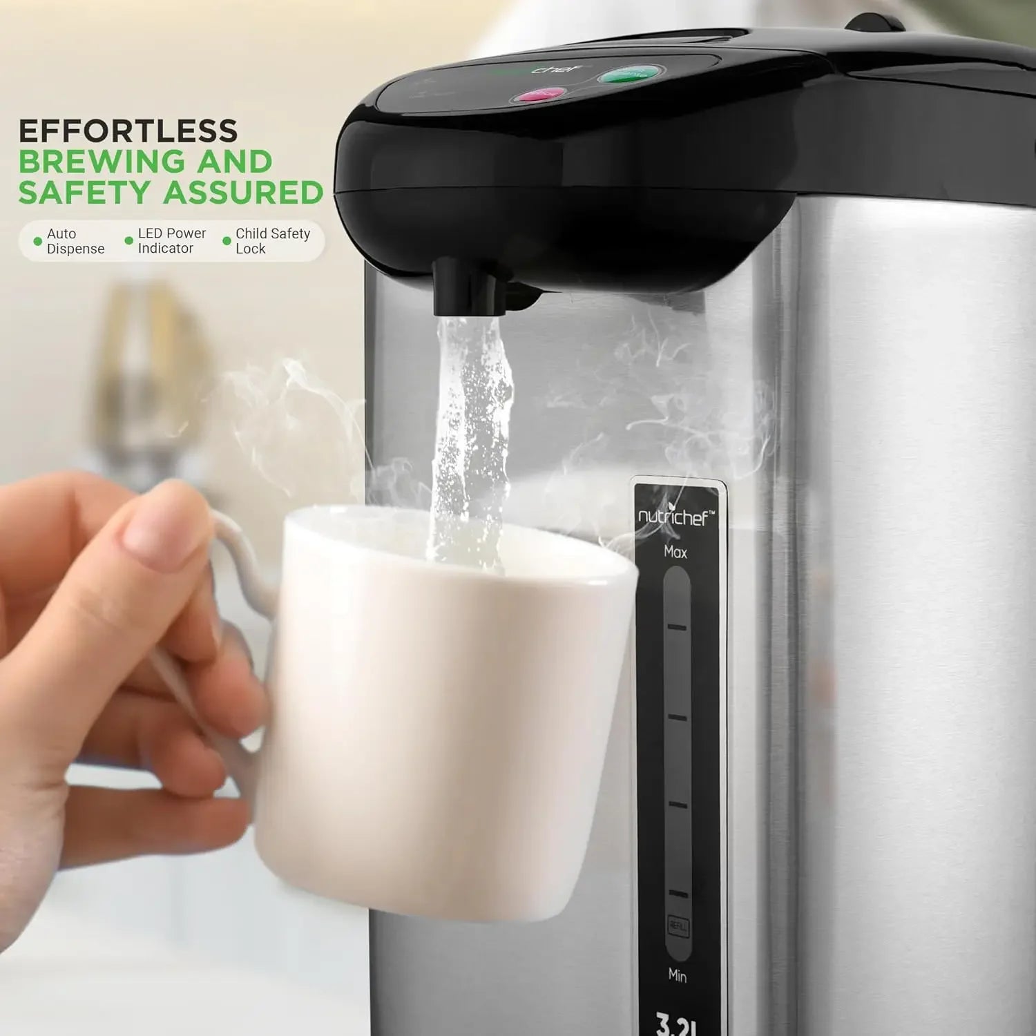 3.38 QT Insulated Stainless Steel Hot Water Dispenser with Auto/Manual Dispense, Safety Lock, Electric Kettle for Home Use Peaceful Pleasures Health and Wellness