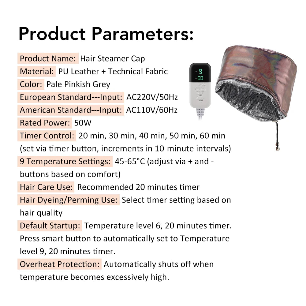 Hair Steamer for Deep Conditioning 9-Level Thermal Heat Cap Home Electric Portable Nourish Hair Mask Hat Thickened PE Bonnet Peaceful Pleasures Health and Wellness