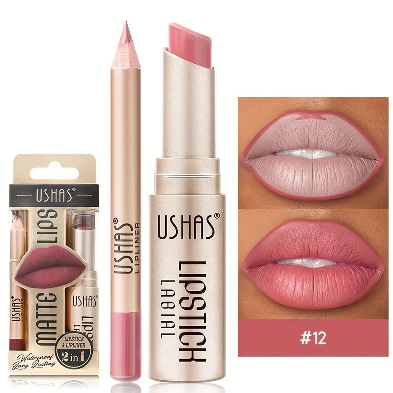 USHAS 12-Color Matte Lipstick & Lip Liner Set – Waterproof