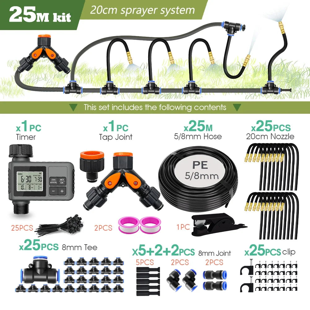 360° Free-bend Misting Nozzle Garden Programmable Timer Misting Cooling System Adjustable Atomizer Sprayer Outdoor Watering Kits Peaceful Pleasures Health and Wellness 25M kit-Timer