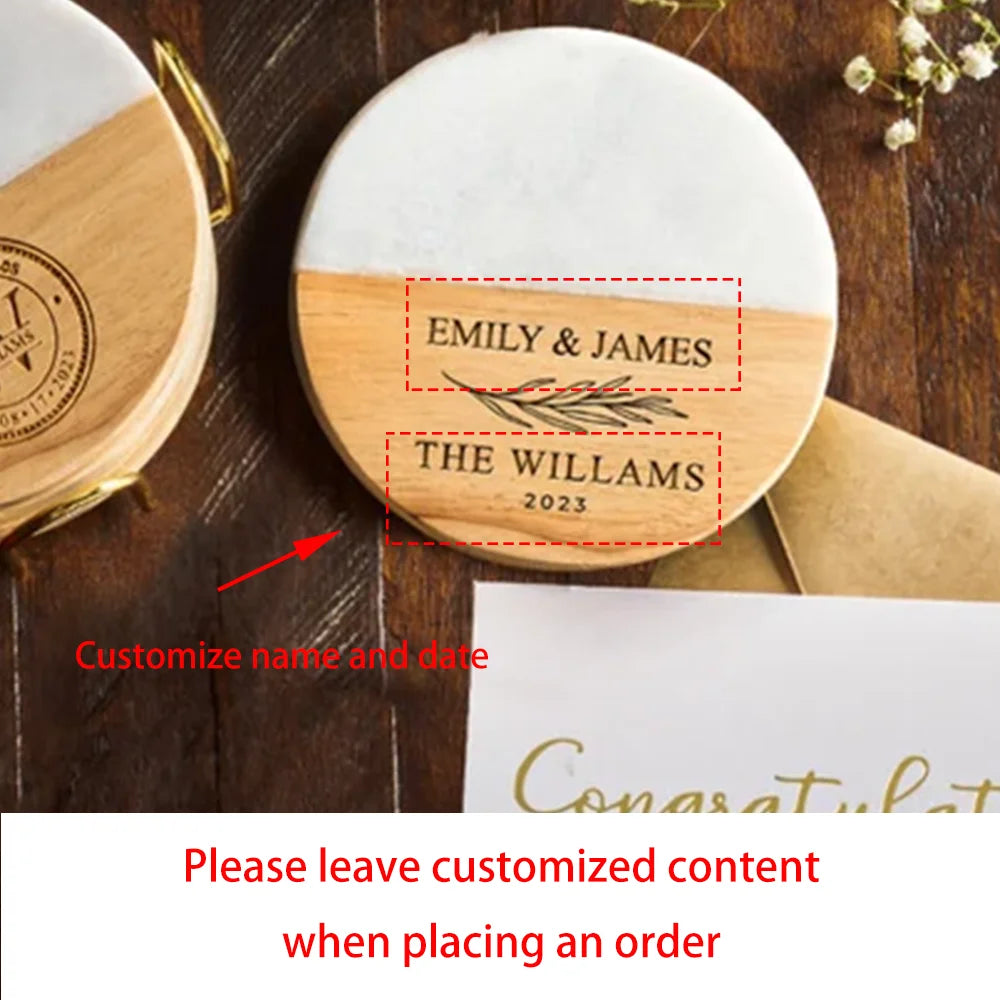 Personalized Marble & Wood Wedding Coasters | Gift for Her