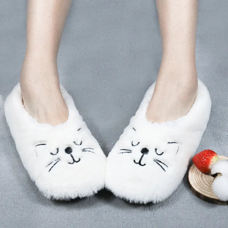 Women's Fluffy Cat Plush Slippers – Warm Non-Slip Indoor Shoes