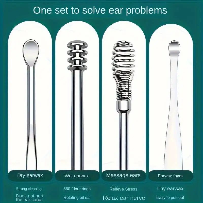 6pcs Stainless Steel Ear Wax Removal Tool Set Spiral Rotating EarPicking Spoon Ear Picker Spoon For Cleaning Collecting Ear Wax Peaceful Pleasures Health and Wellness