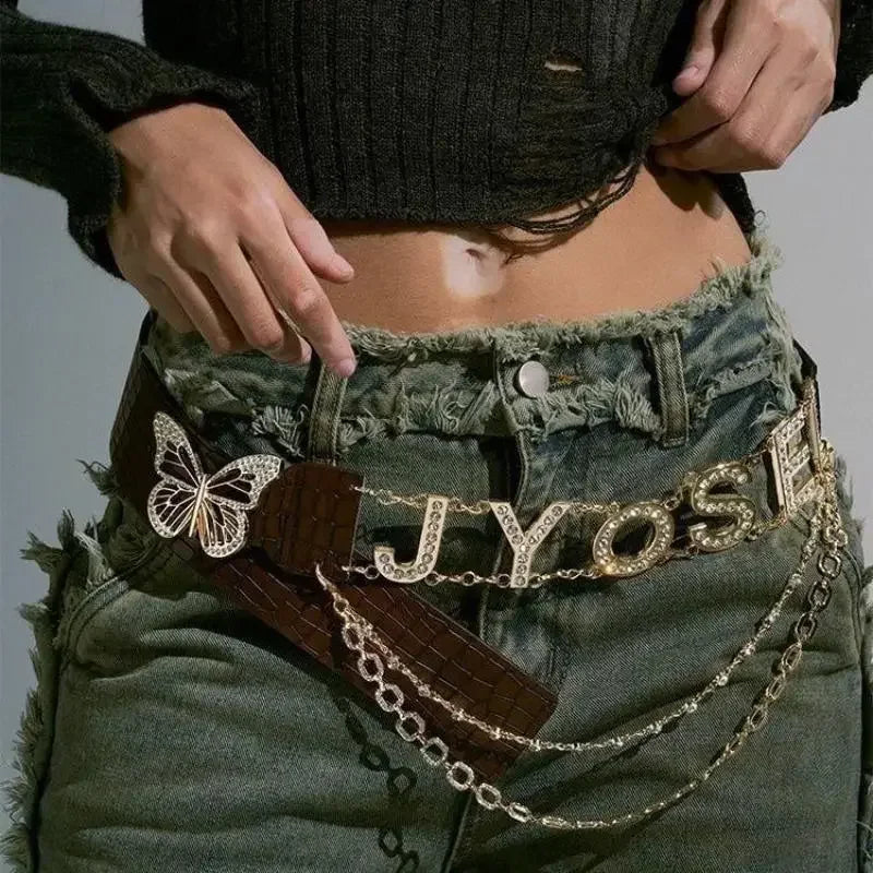 Rhinestone Y2K Letter Belt – PU Butterfly Chain Women's Belt