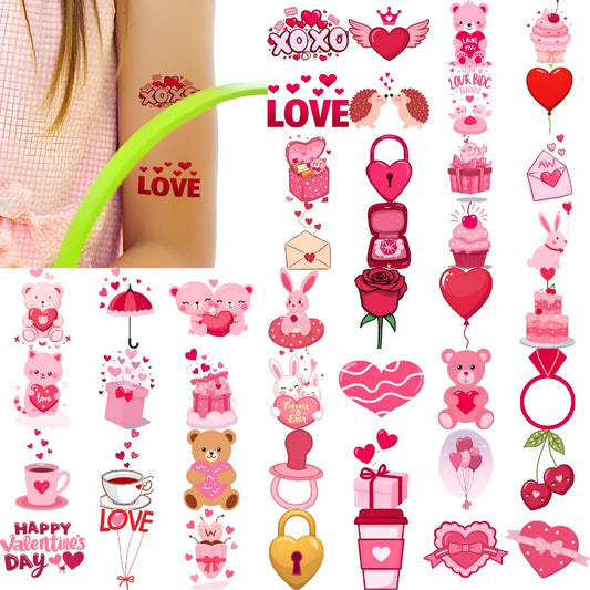 63pcs Waterproof Temporary Tattoo Stickers – Hearts, Bears & Balloons Temporary Tattoo Stickers Oasis Select