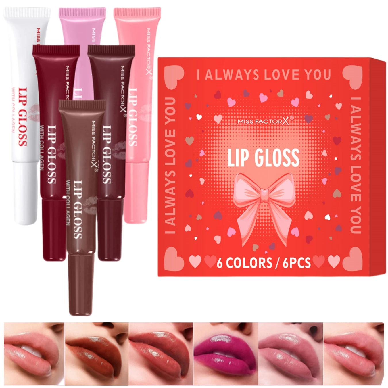 6pcs/box 6-color lip gloss set Unique gift set Long-lasting moisturizing Glossy lip color Valentine’s Day gift Thanksgiving gift Peaceful Pleasures Health and Wellness