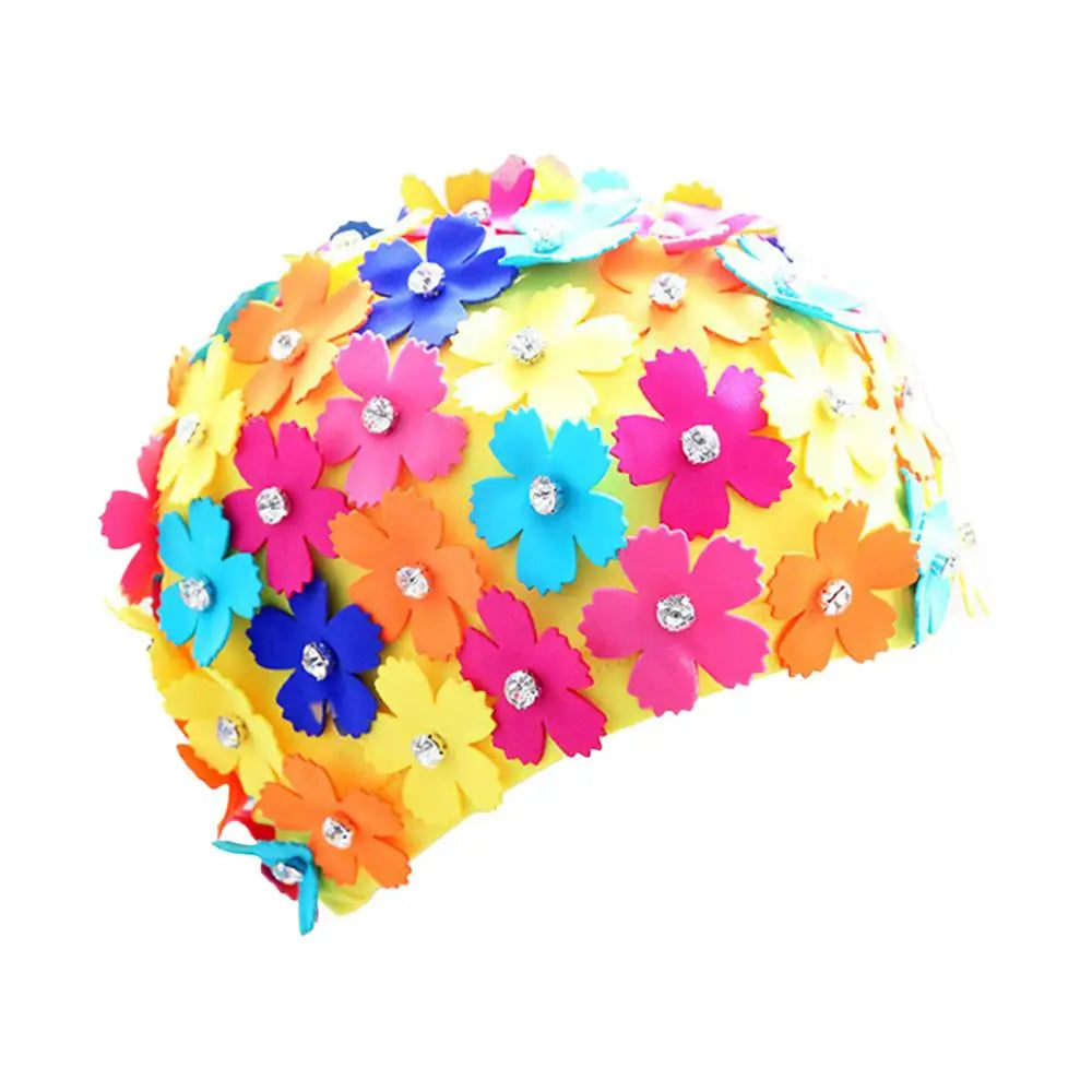 Rhinestone Flower Swim Cap for Women – Waterproof Bathing Hat