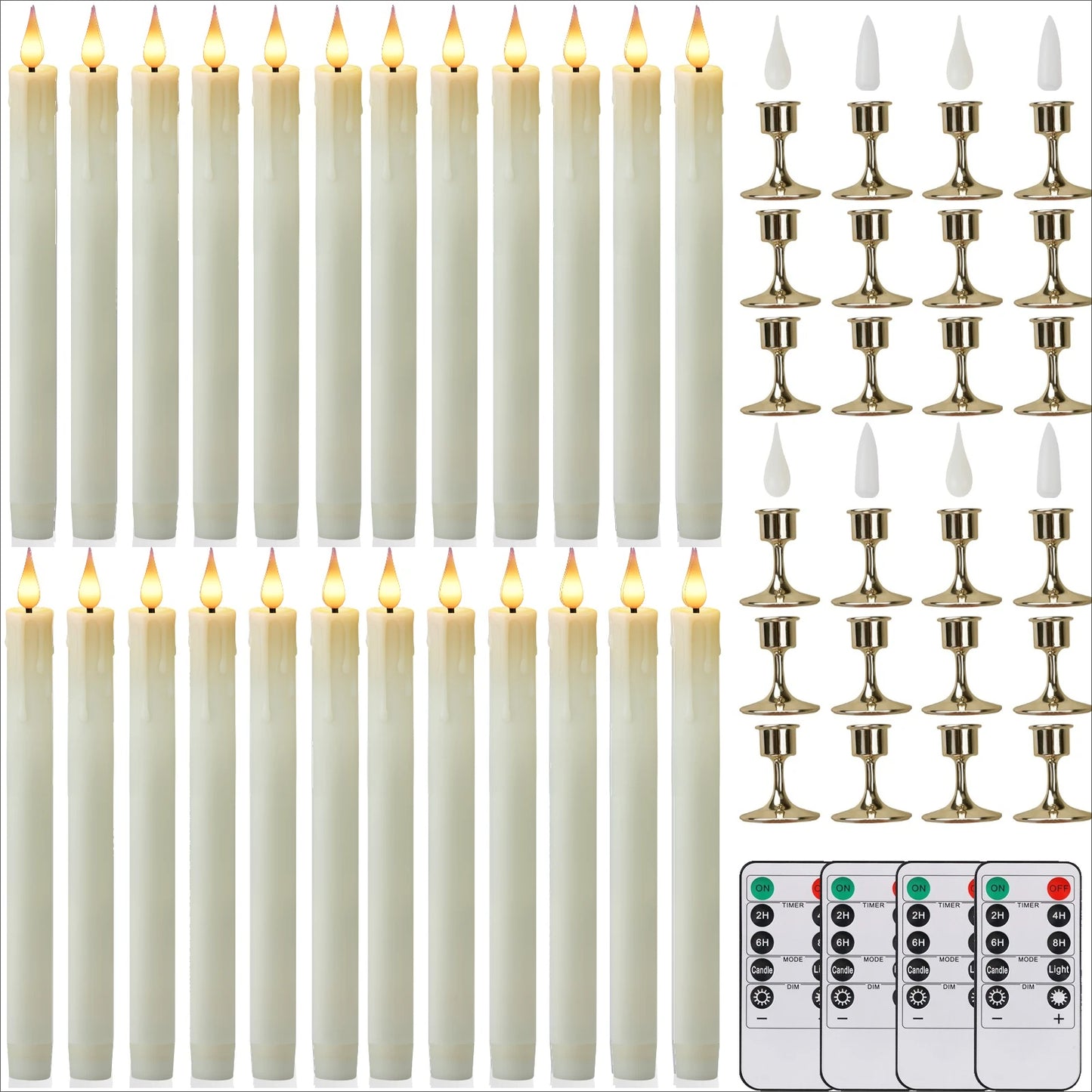 Flameless Candles with Remote Timer Battery Operated LED Flickering Taper Candle for Christmas Decor with 6 Pack Gold Holder Peaceful Pleasures Health and Wellness 24pc ivory