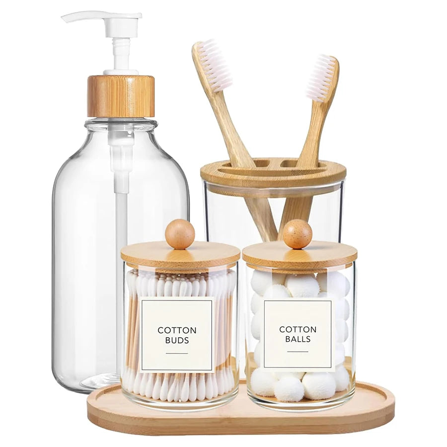 5-Piece Bamboo Bathroom Accessories Set with Tray – Soap Dispenser, Toothbrush Holder & Q-tip Jars