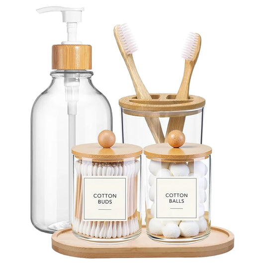 5-Piece Bamboo Bathroom Accessories Set with Tray – Soap Dispenser, Toothbrush Holder & Q-tip Jars Peaceful Pleasures Health and Wellness
