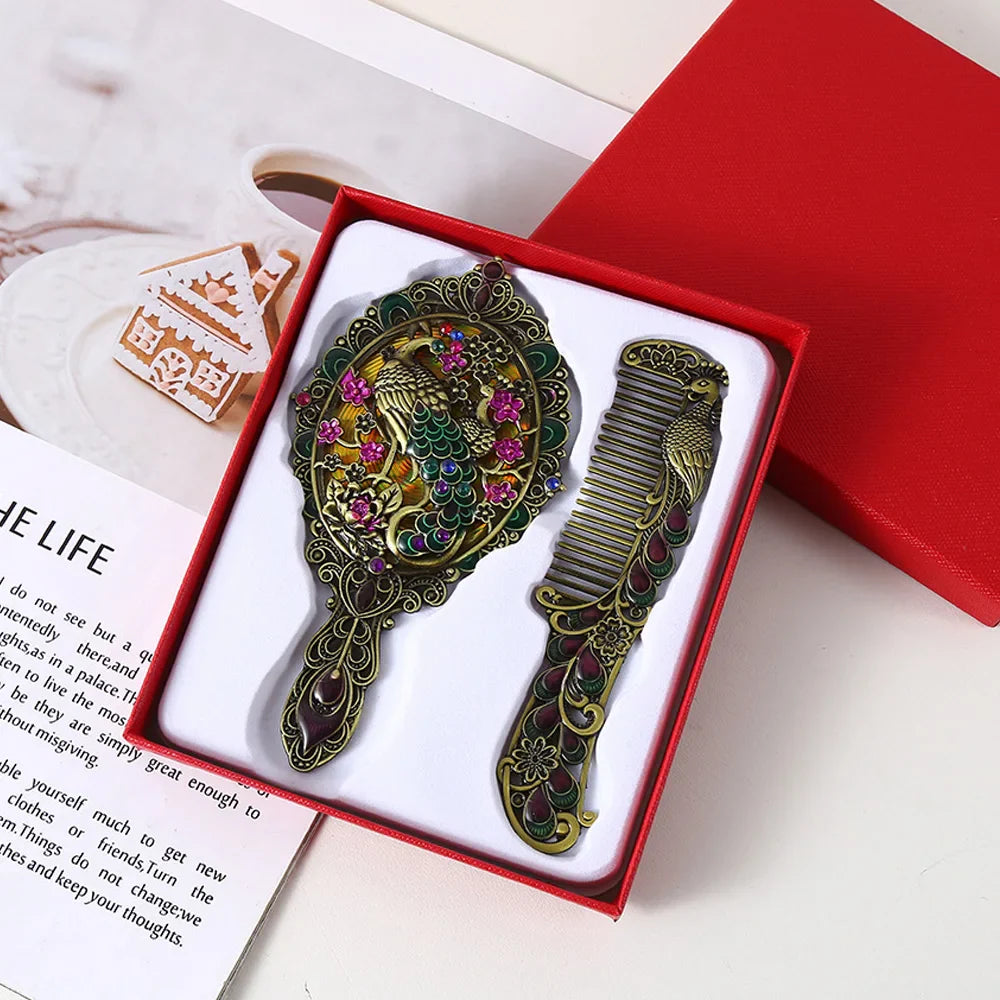 Peacock Embossed Metal Vanity Mirror & Comb Set – 2 Pcs