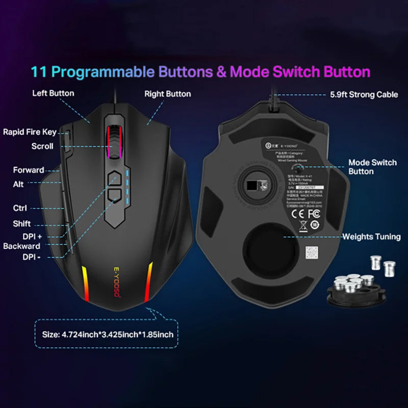 E-YOOSO X-41 Wired Gaming Mouse 12400 DPI 11 Programmable Buttons & Mode Switch Button USB Wired Mice For Computer PC Laptop Mac Peaceful Pleasures Health and Wellness