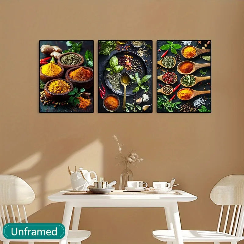 3-Piece Contemporary Canvas Wall Art Deco Hanging Decor Vibrant Spices, Peppers, Herbs Kitchen Retro Home Decor Art Frameless Peaceful Pleasures Health and Wellness