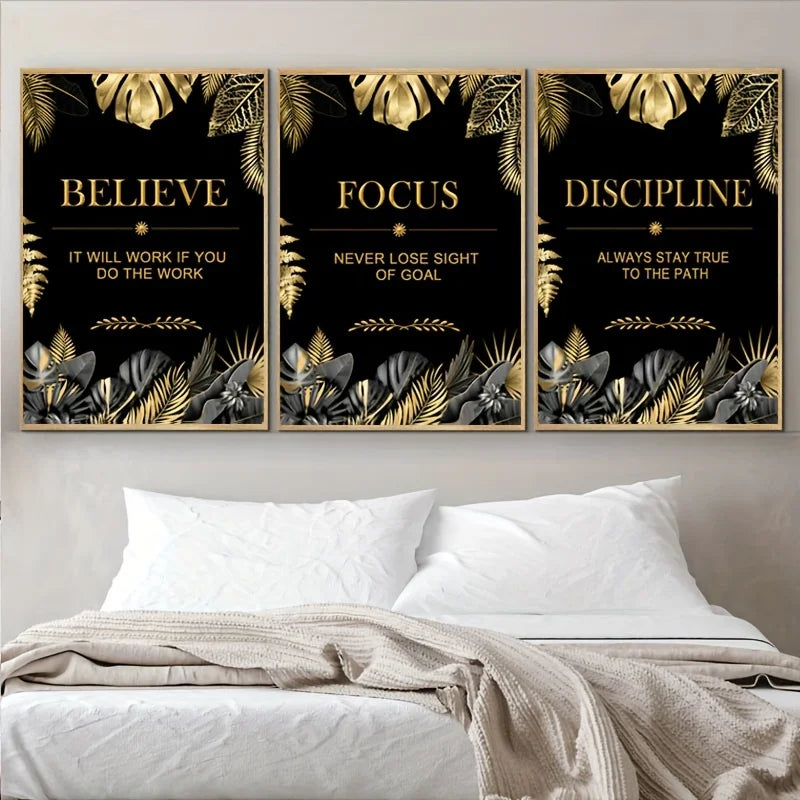 3pcs Luxury Art Canvas Wall Art Poster Believe Focus Discipline Motivation Inspirational Quote Poster Modern Home Decor Unframed Peaceful Pleasures Health and Wellness 60x90cm No Frame ZLH11350-3pcs