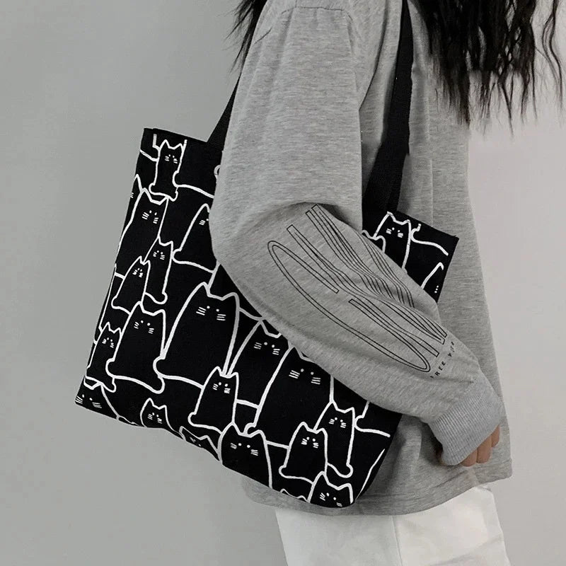 Cute Cartoon Cat Canvas Tote Bag Women Fashion Shoulder Casual