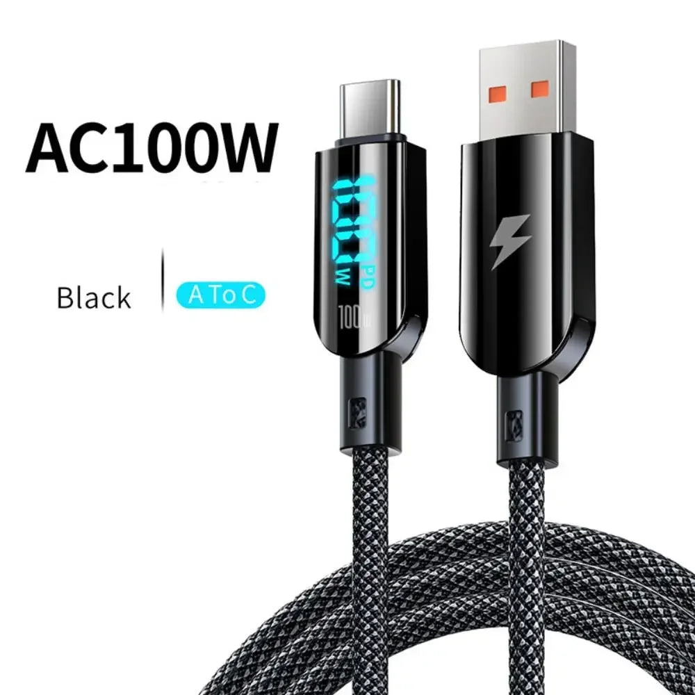 100W USB To Type C Fast Charging Cable LED Digital Display PD Fast Charge Braided Data Cord for iPhone 15 Huawei Xiaomi Peaceful Pleasures Health and Wellness 100W AC