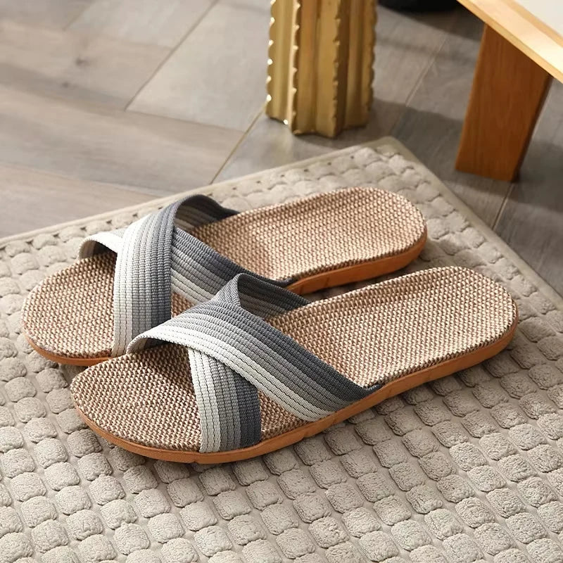 Men's Linen Open Toe Slippers | Indoor & Beach Flat Sandals