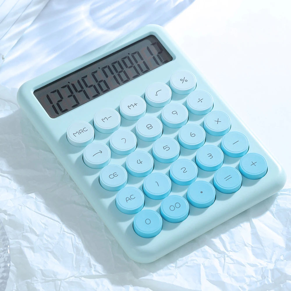 Mechanical Calculator Big Round Button Desktop Calculator 12 Digit Large LCD Display Versatile Calculator Cute Gradient Colored Peaceful Pleasures Health and Wellness Blue