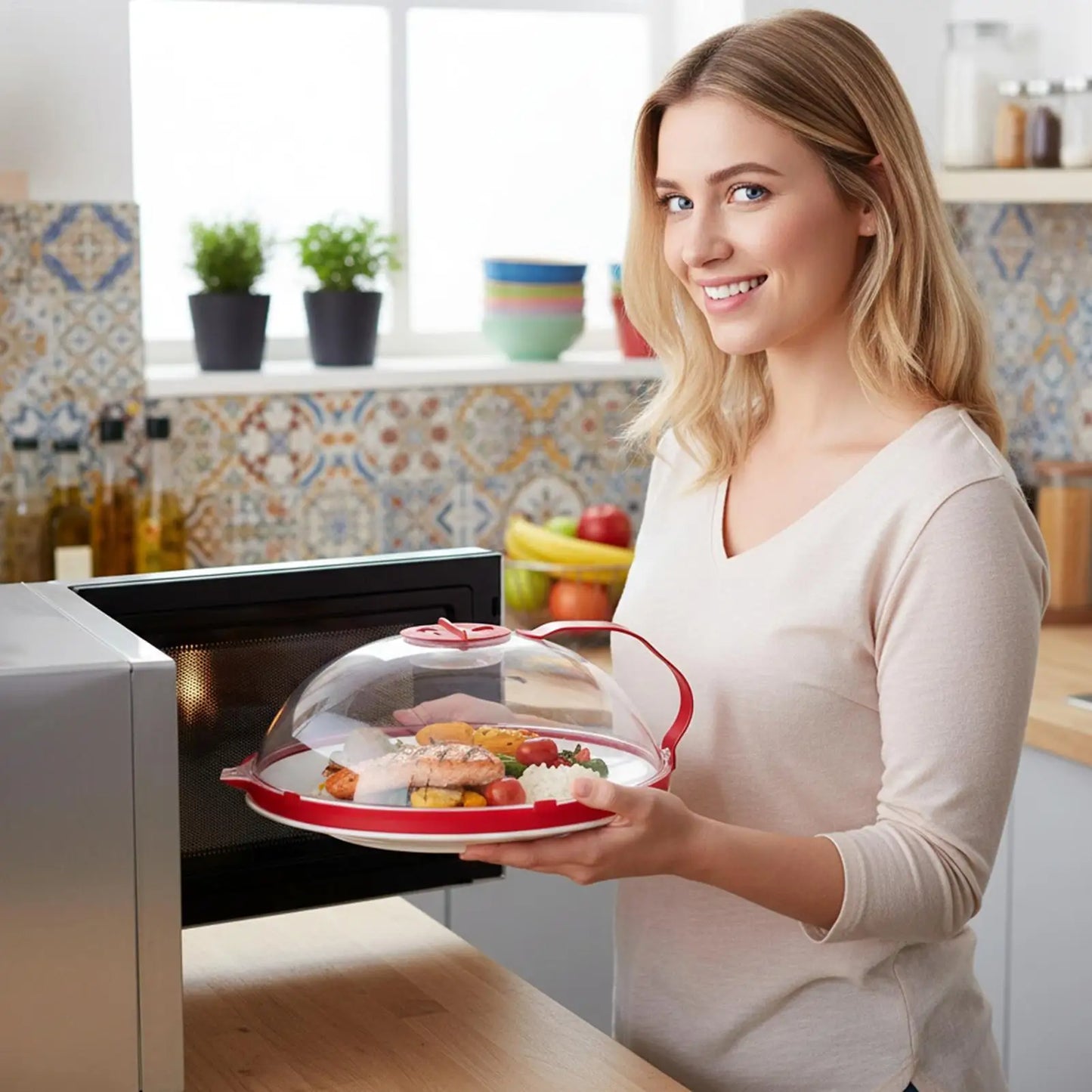 Reusable Microwave Splash Guard Cover with Steam Vent & Handle