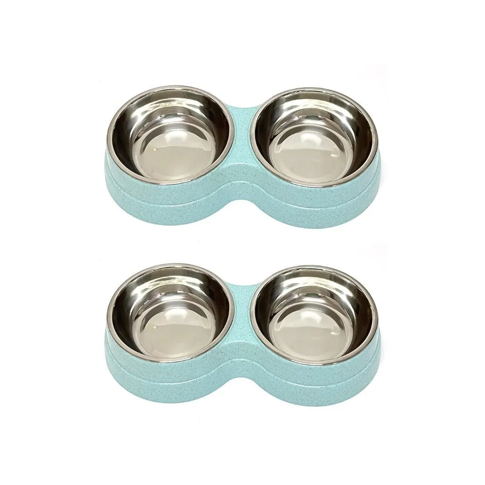 Colorful Wheat Straw Base Stainless Steel Pet Tableware Healthy Safe Double Bowl Feeding Set Liner Cat Dog Drinking Feeding Bowl Peaceful Pleasures Health and Wellness 2pcs Blue