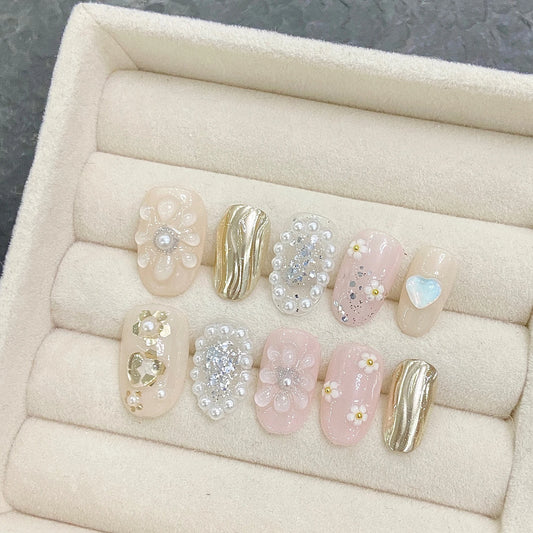 3D Flower Pearl Gold Foil Press On Nails | Short Round Bridal Press On Nails Peaceful Pleasures Health and Wellness