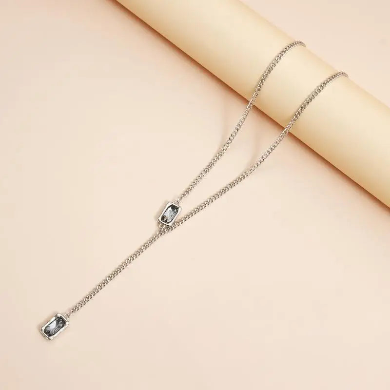 Y-Shape Layering Necklace | Black Square Rhinestone Pendant