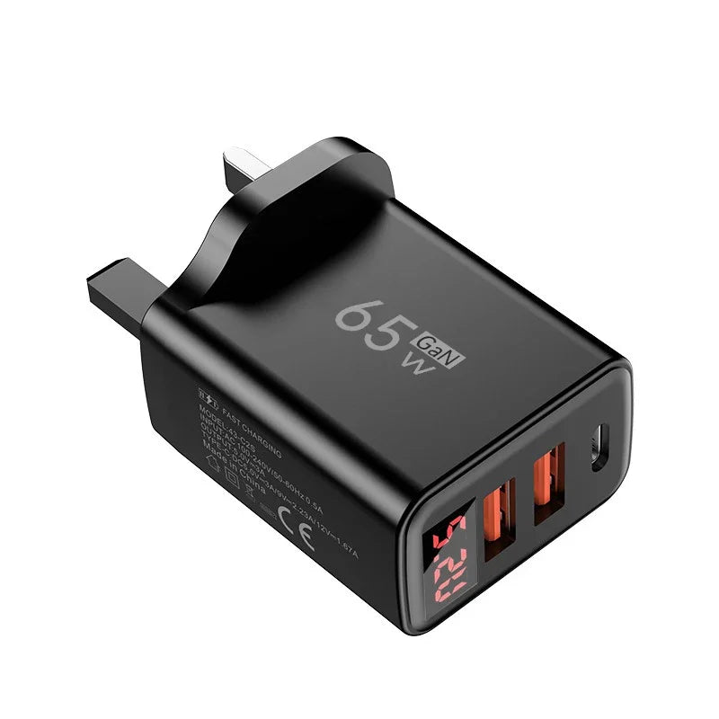 65W GaN USB-C Fast Charger 3-Port PD Quick Charge Display