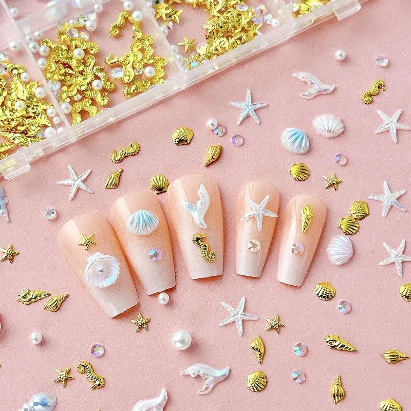 24-Grid Ocean Nail Charms Set – Shell, Starfish & Rhinestones