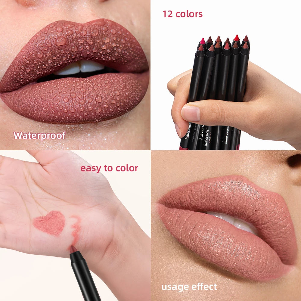 12 Colors Matte Lipliner Pencil Red Contour Tint Lipstick Waterproof Long Lasting Non-stick Cup Moisturising Lips Makeup Peaceful Pleasures Health and Wellness