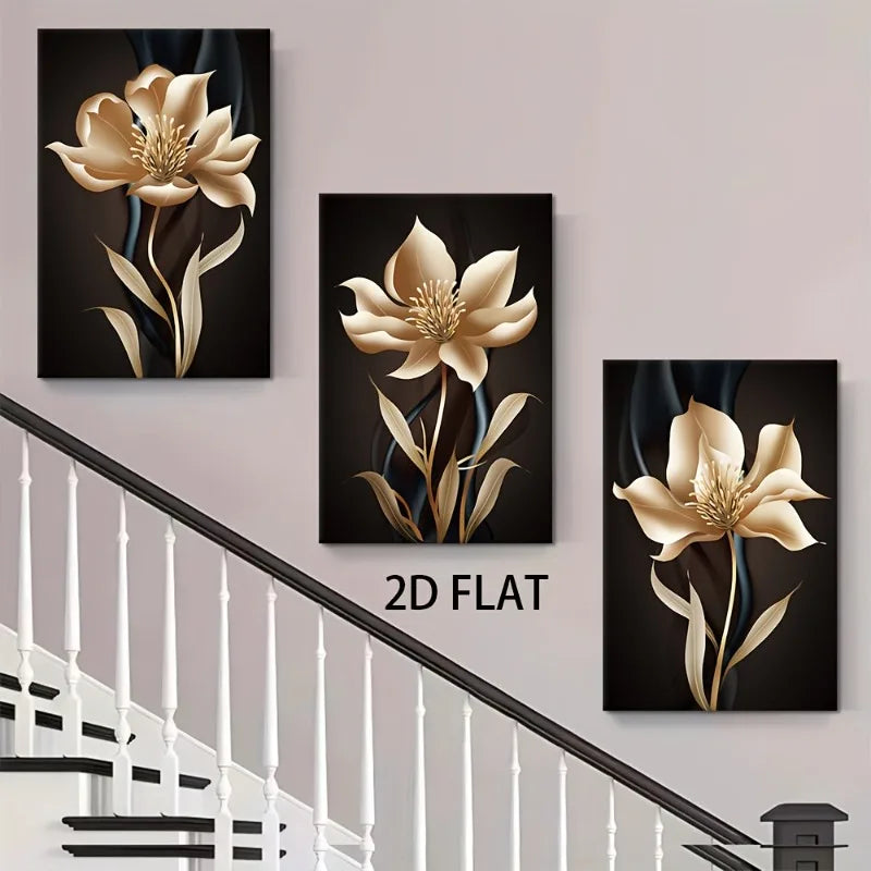 2D Flat, 3pcs of Modern Abstract Black and Golden Floral Wall Art Canvas Paintings for Living Room Decoration, 2D Flat Frameless Peaceful Pleasures Health and Wellness