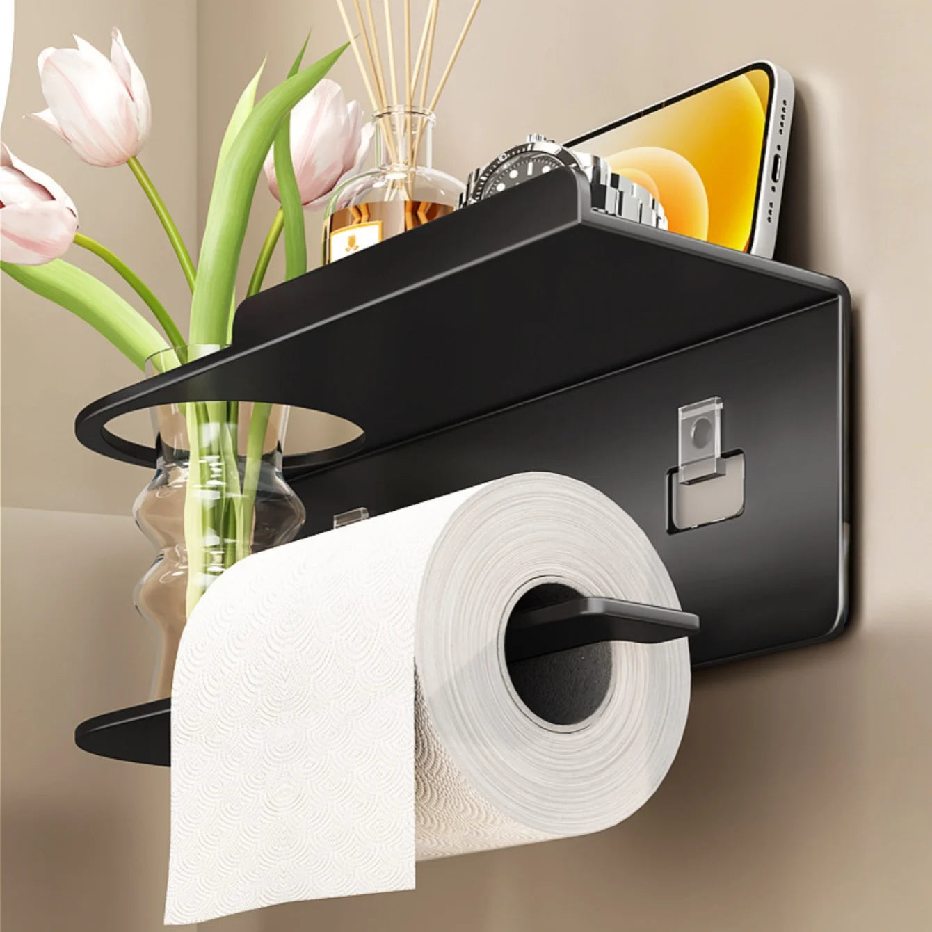 Wall-Mounted Toilet Paper Holder with Shelf & Drawer