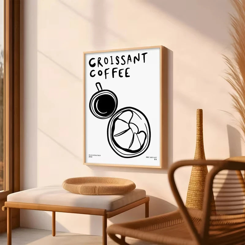 Black & White Croissant Coffee Canvas Wall Art Print | Decor