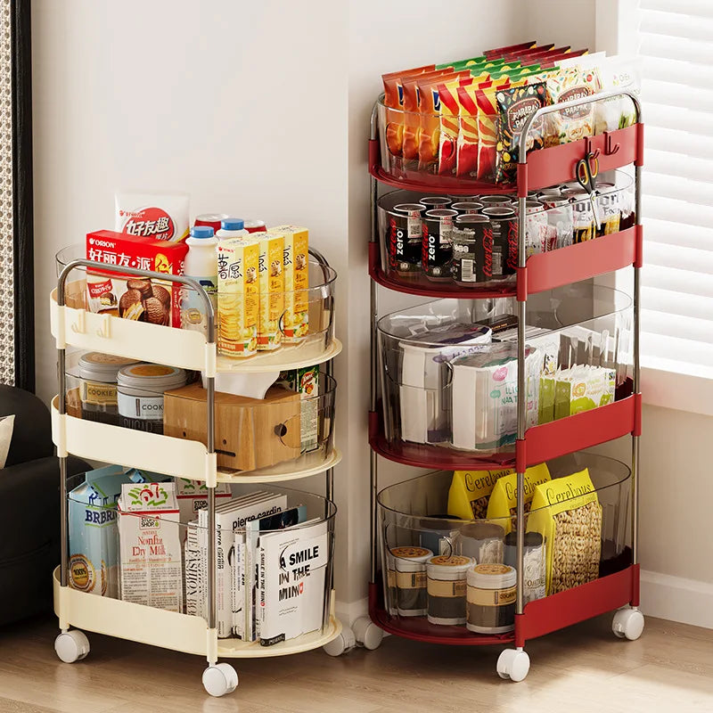 Mobile Cart Storage Rack Floor Standing Multi-Tiered Household Snack Kitchen Utility Organizer with Wheels Multi-Purpose Storage Peaceful Pleasures Health and Wellness
