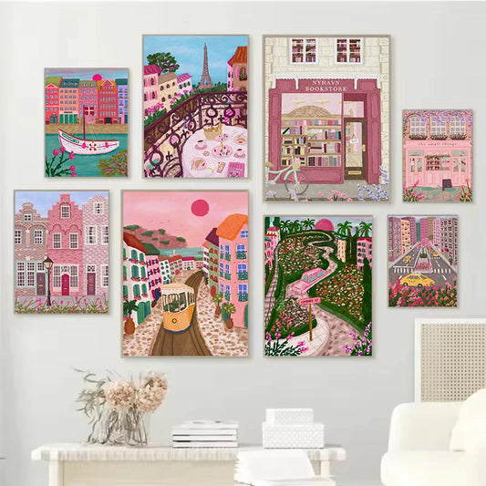 Watercolor Travel City Landscape Paris New York Classical Bookstore Illustration Poster Canvas Painting Wall Pictures Home Decor Peaceful Pleasures Health and Wellness