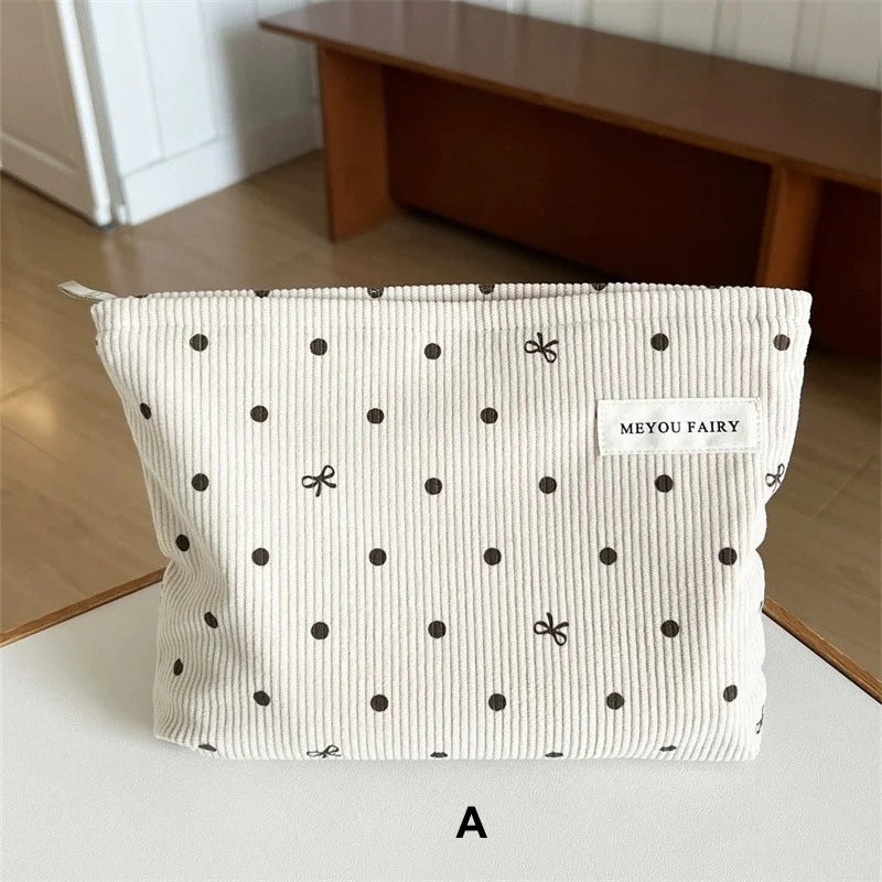 Corduroy Travel Makeup Bag with Bow – Zipper Cosmetic Pouch