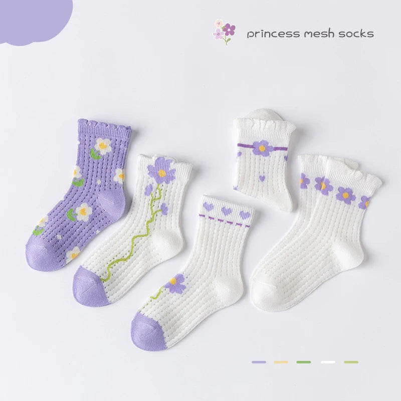 5-Pack Girls Soft Floral Cotton Mid-Tube Socks | Ages 1–12